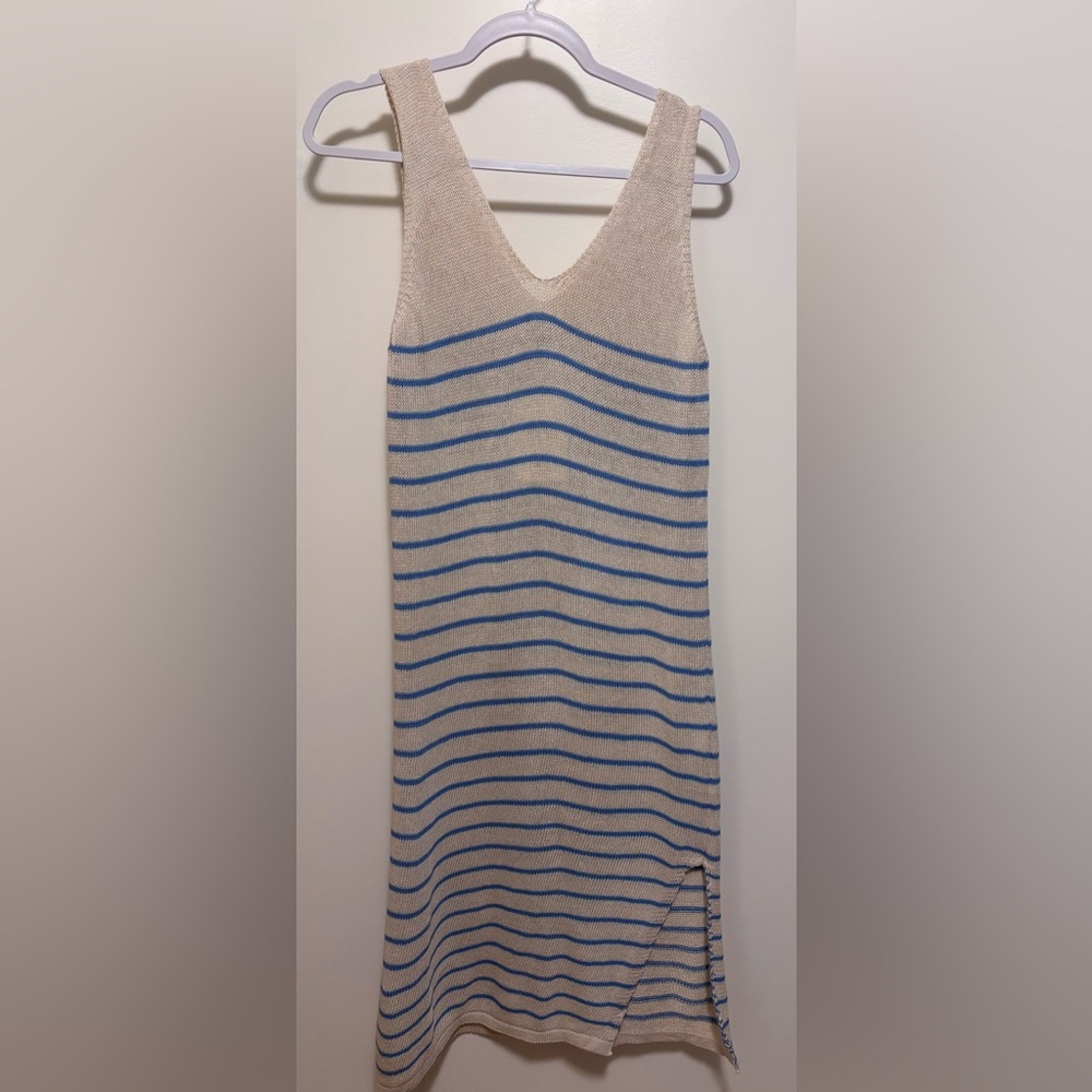 Floris Cotton Dress or Cover up cream with light blue stripe v neck side slit